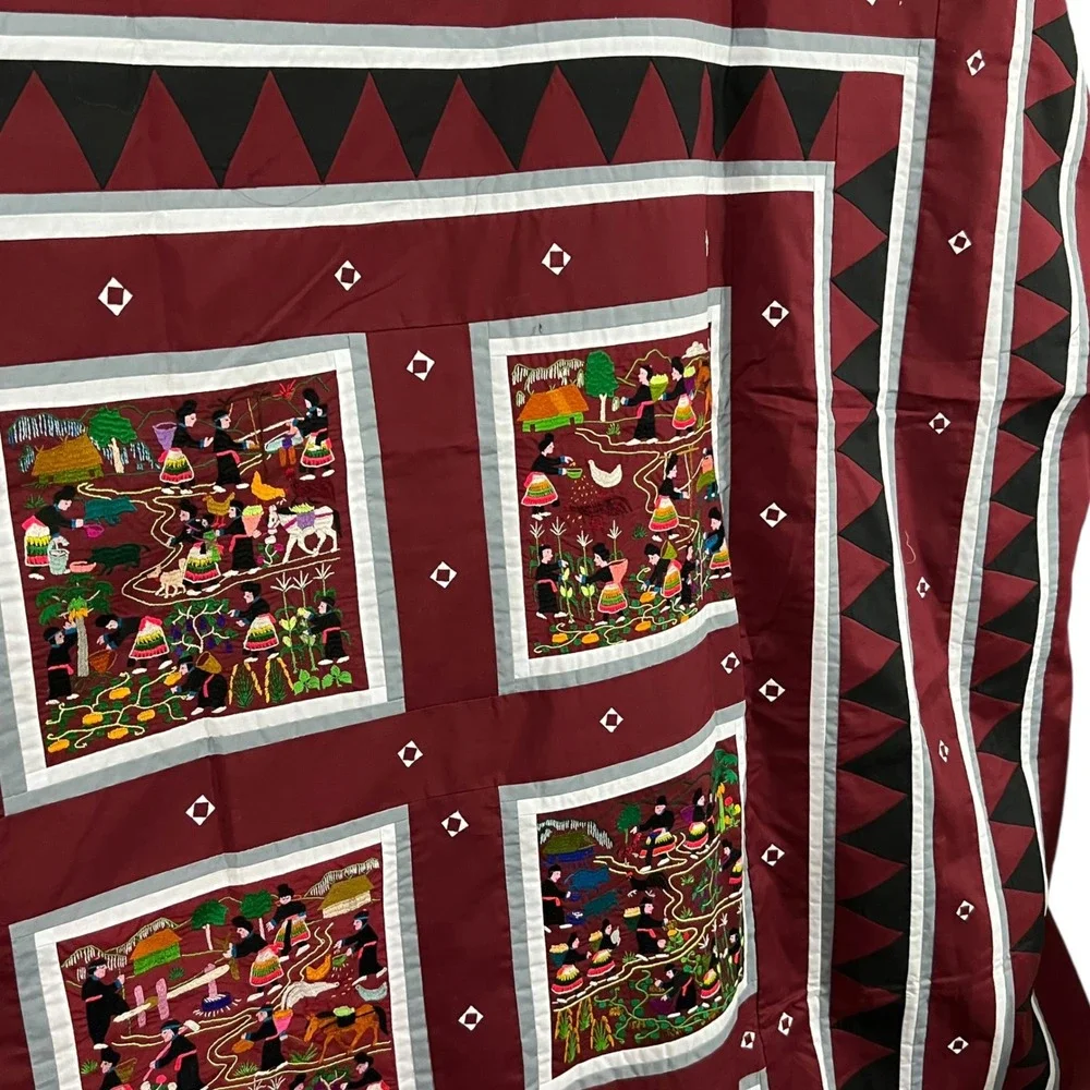 Large Vintage Hmong Story Cloth Bedspread‎ 80x94 Hand Embroidered Full Queen